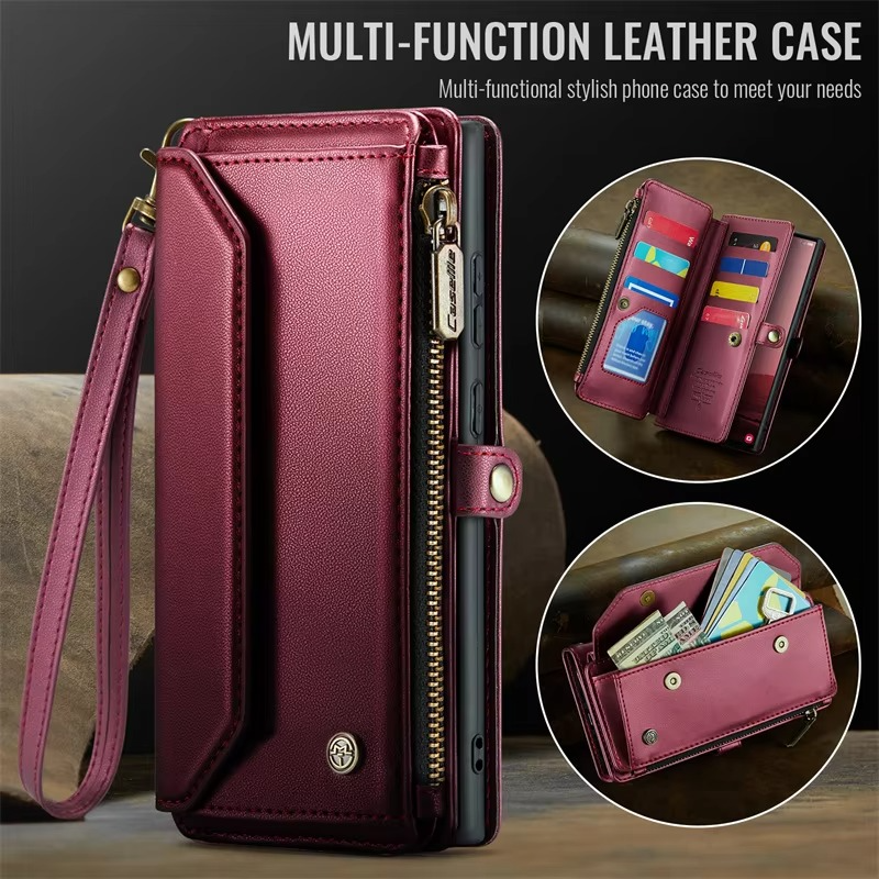 Luxury iPhone Case — RFID-Blocking PU Leather Wallet Cover with 7-Card Holder, Zipper Bill Compartment and Wristlet Shoulder Strap Design