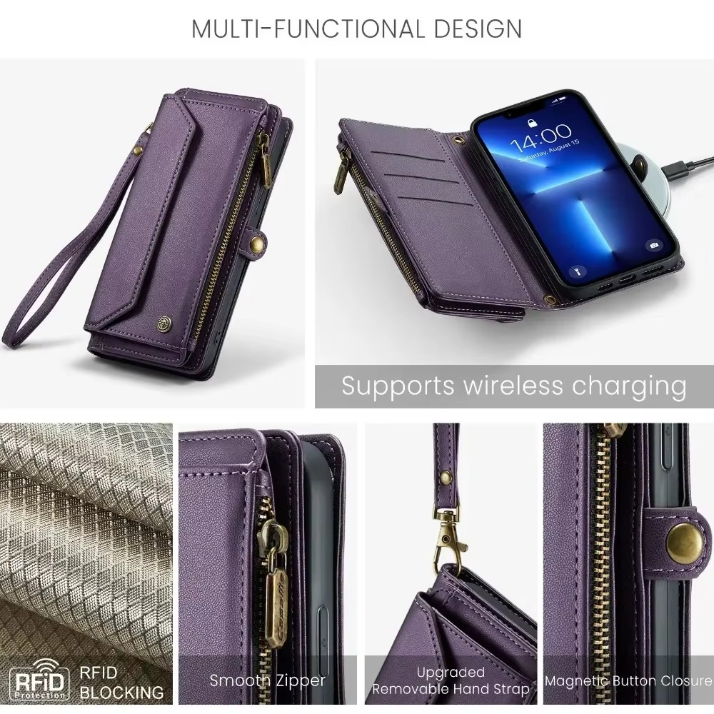 Luxury iPhone Case — RFID-Blocking PU Leather Wallet Cover with 7-Card Holder, Zipper Bill Compartment and Wristlet Shoulder Strap Design