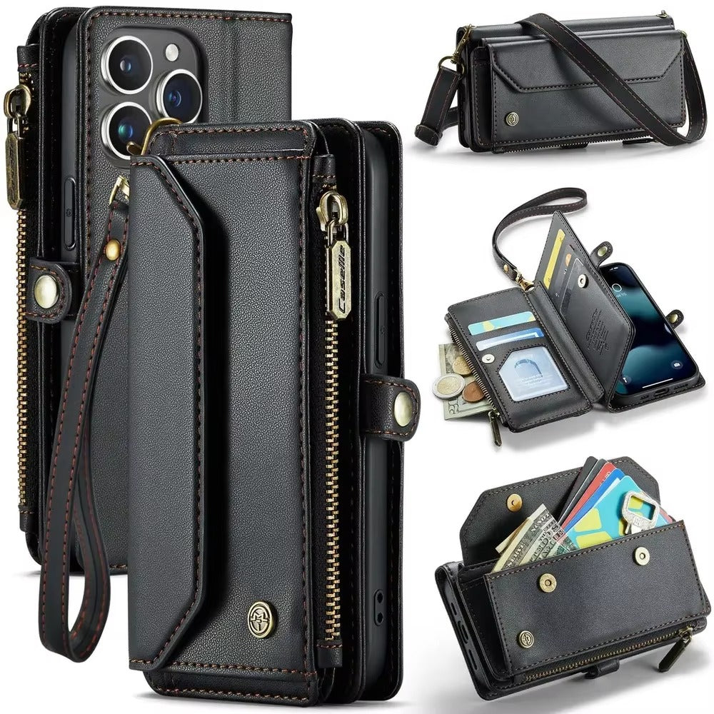 Luxury iPhone Case — RFID-Blocking PU Leather Wallet Cover with 7-Card Holder, Zipper Bill Compartment and Wristlet Shoulder Strap Design