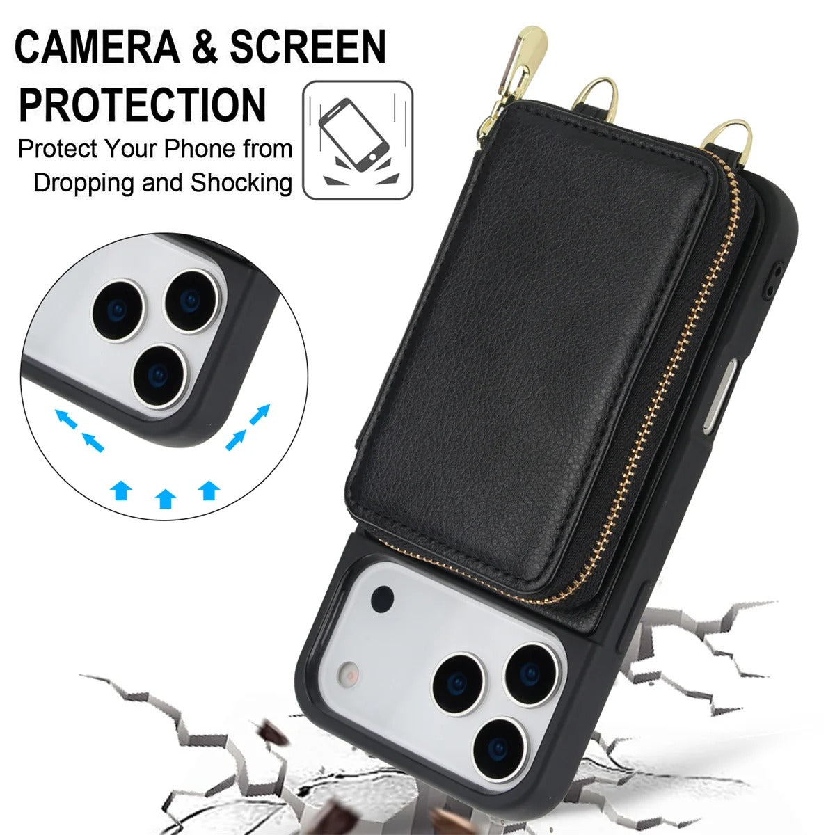 Luxury iPhone Case — Crossbody Zipper Wallet Flip Leather Cover with Card Slot, RFID Pocket and Secure Shoulder Strap Design