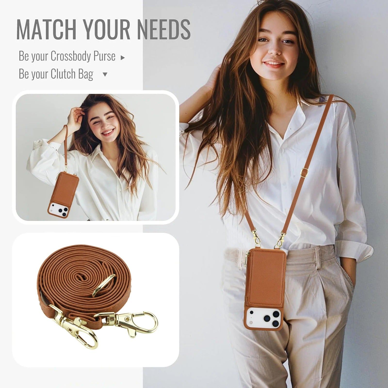 Luxury iPhone Case — Crossbody Zipper Wallet Flip Leather Cover with Card Slot, RFID Pocket and Secure Shoulder Strap Design