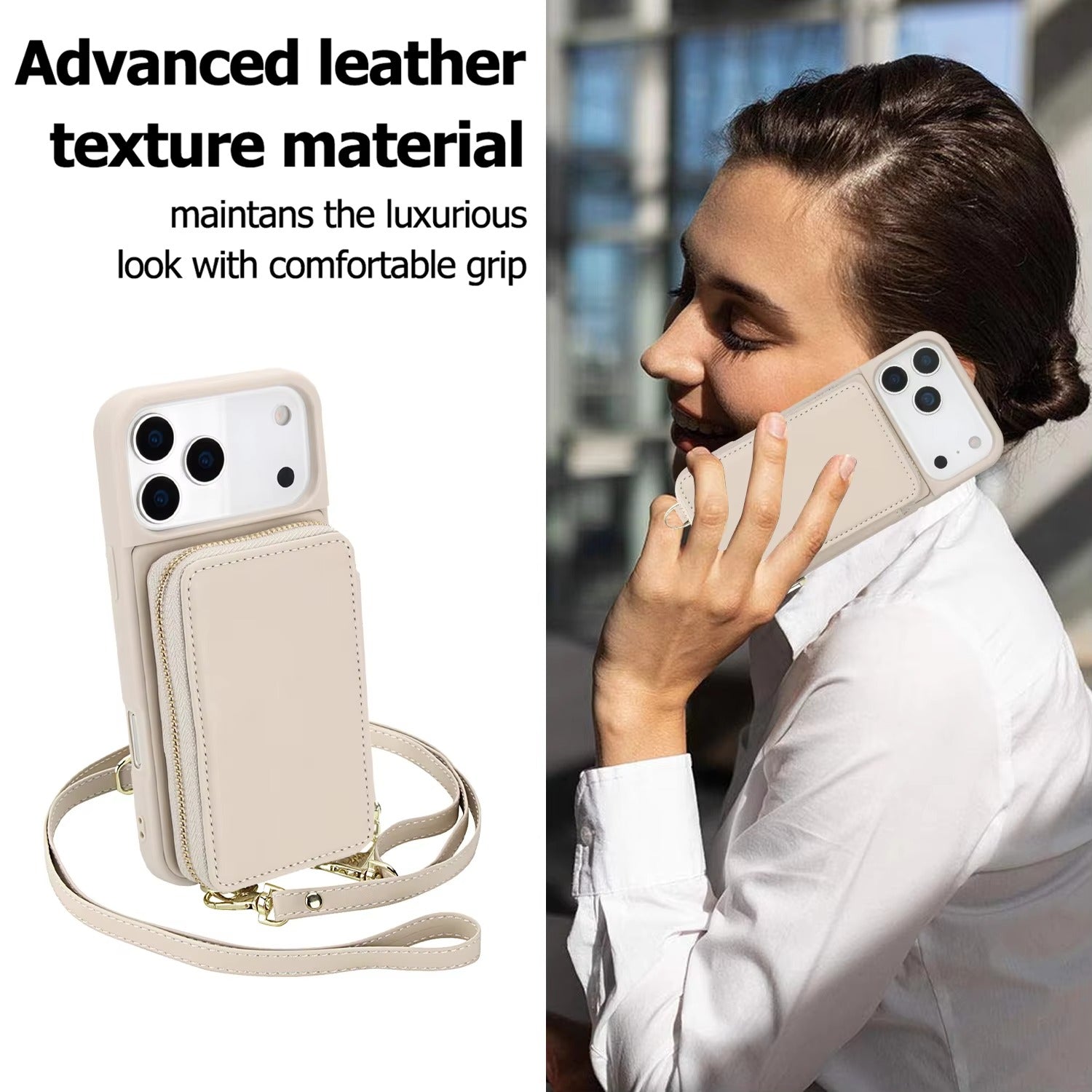 Luxury iPhone Case — Crossbody Zipper Wallet Flip Leather Cover with Card Slot, RFID Pocket and Secure Shoulder Strap Design