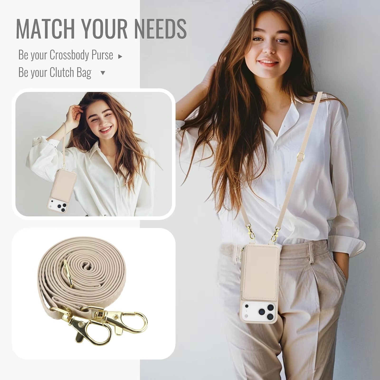 Luxury iPhone Case — Crossbody Zipper Wallet Flip Leather Cover with Card Slot, RFID Pocket and Secure Shoulder Strap Design