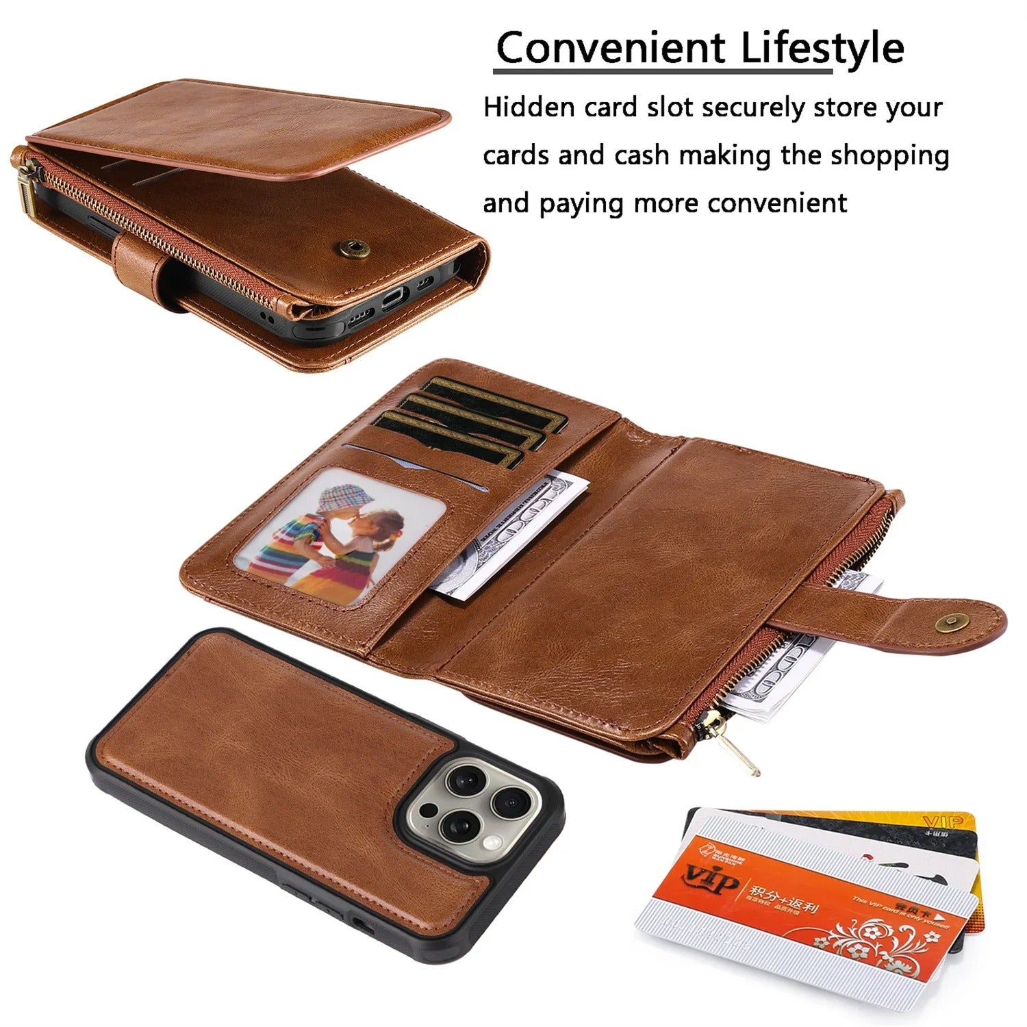 Luxury iPhone Case — Detachable Retro PU Leather Zipper Wallet Cover with Card Slots, Shockproof Anti-Fingerprint Protection & Dustproof Non-Slip Design