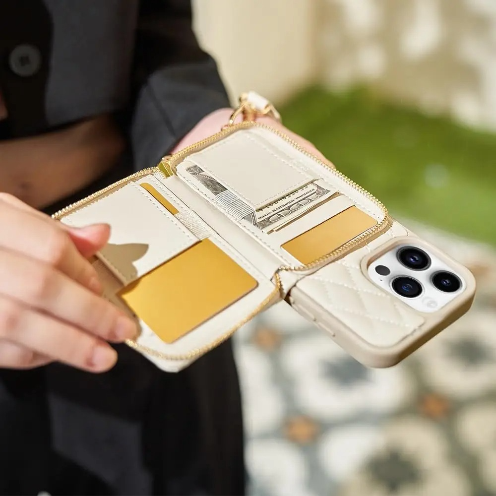 Luxury iPhone Case — Diamond-Stitch Crossbody Card Bag with Chain Strap, Shockproof Leather Design and Non-Slip Portable Protection