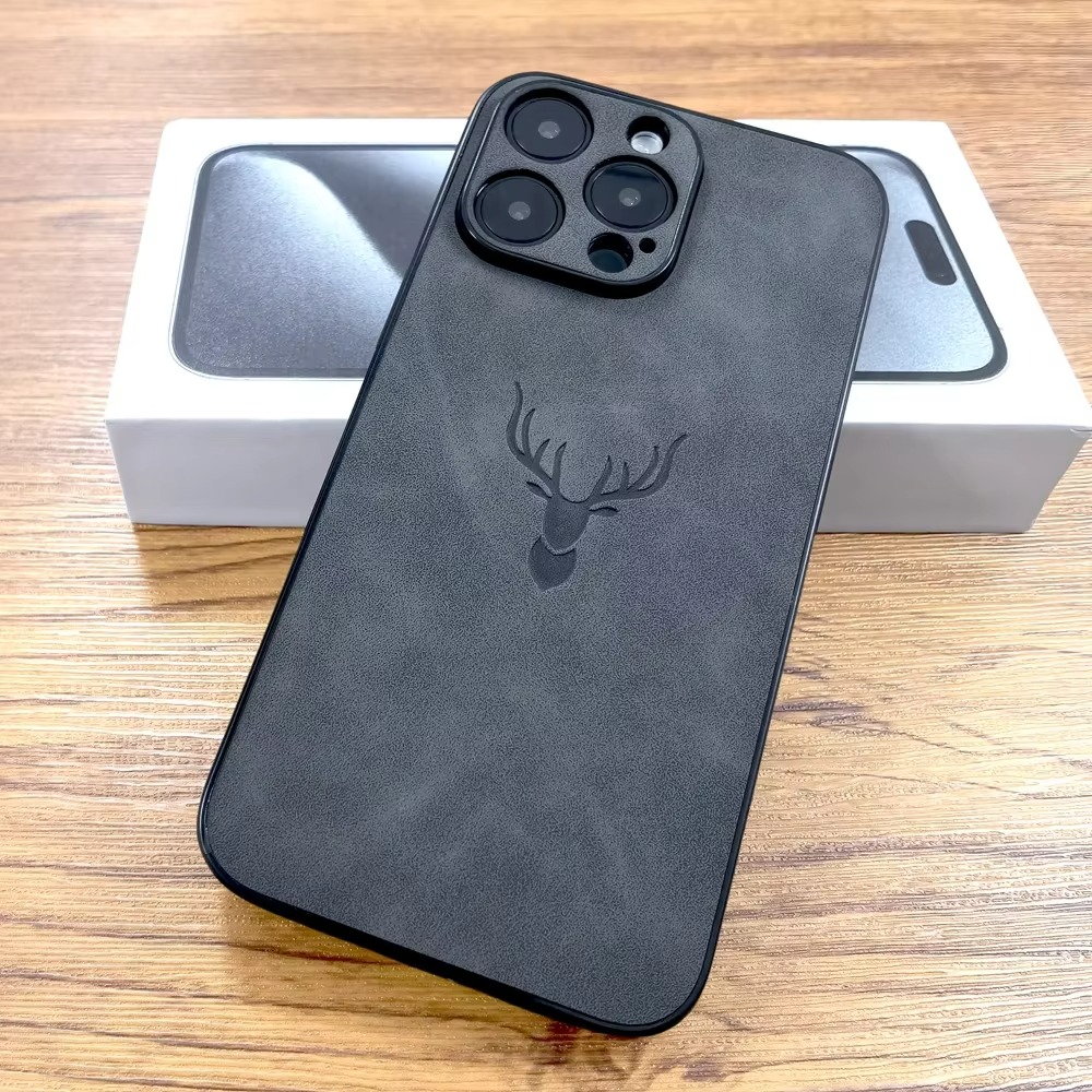 Luxury iPhone Case — Embossed Deer PU Leather Full-Coverage Shell with Anti-Fingerprint Anti-Scratch Protection & All-Round Camera Guard Design