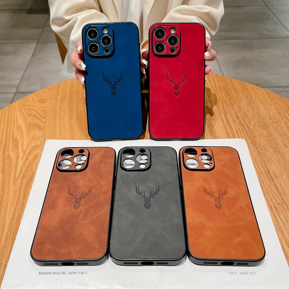 Luxury iPhone Case — Embossed Deer PU Leather Full-Coverage Shell with Anti-Fingerprint Anti-Scratch Protection & All-Round Camera Guard Design