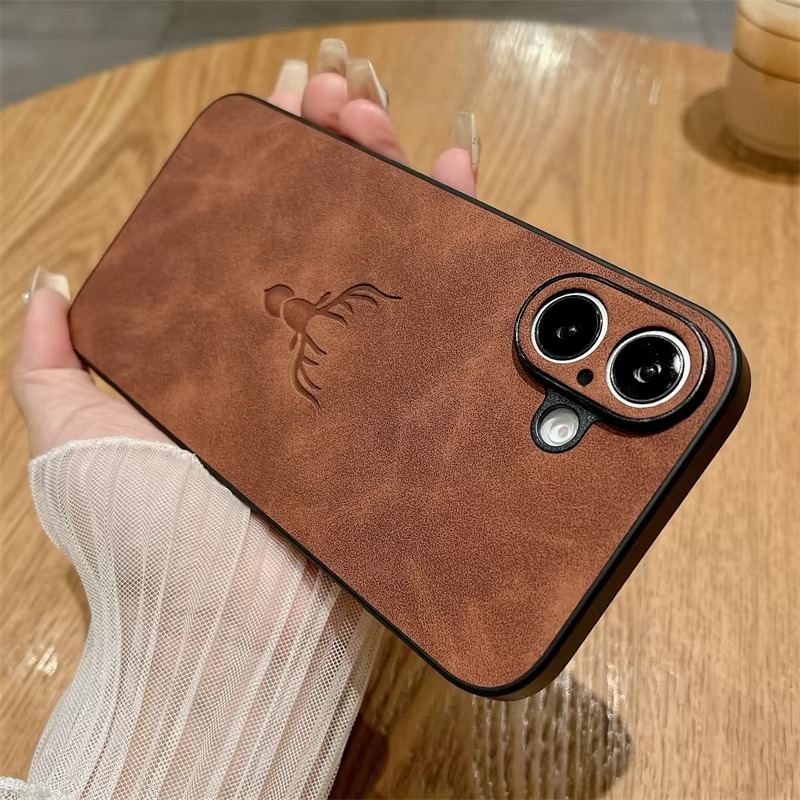 Luxury iPhone Case — Embossed Deer PU Leather Full-Coverage Shell with Anti-Fingerprint Anti-Scratch Protection & All-Round Camera Guard Design