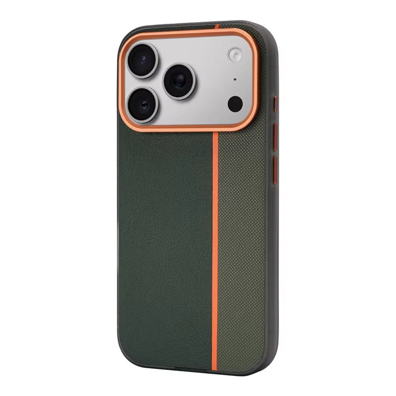 Luxury iPhone Case — Frosted PU Leather Texture MagSafe Armor Cover with Alloy Lens Protection, Matte Anti-Fingerprint Finish and Shockproof TPU Edge Design