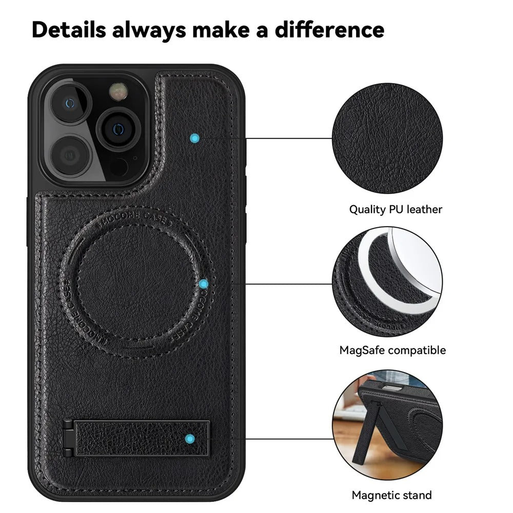 Luxury iPhone Case — Genuine Leather MagSafe Cover with Magnetic Holder Stand, Full-Coverage Shockproof Protection, Anti-Fingerprint Dustproof Non-Slip Design