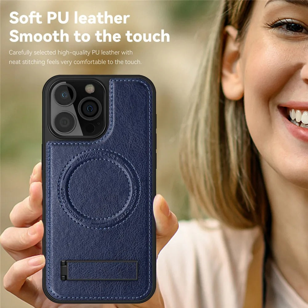 Luxury iPhone Case — Genuine Leather MagSafe Cover with Magnetic Holder Stand, Full-Coverage Shockproof Protection, Anti-Fingerprint Dustproof Non-Slip Design