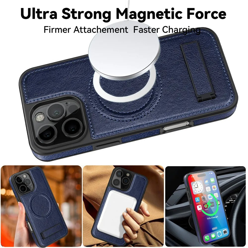 Luxury iPhone Case — Genuine Leather MagSafe Cover with Magnetic Holder Stand, Full-Coverage Shockproof Protection, Anti-Fingerprint Dustproof Non-Slip Design