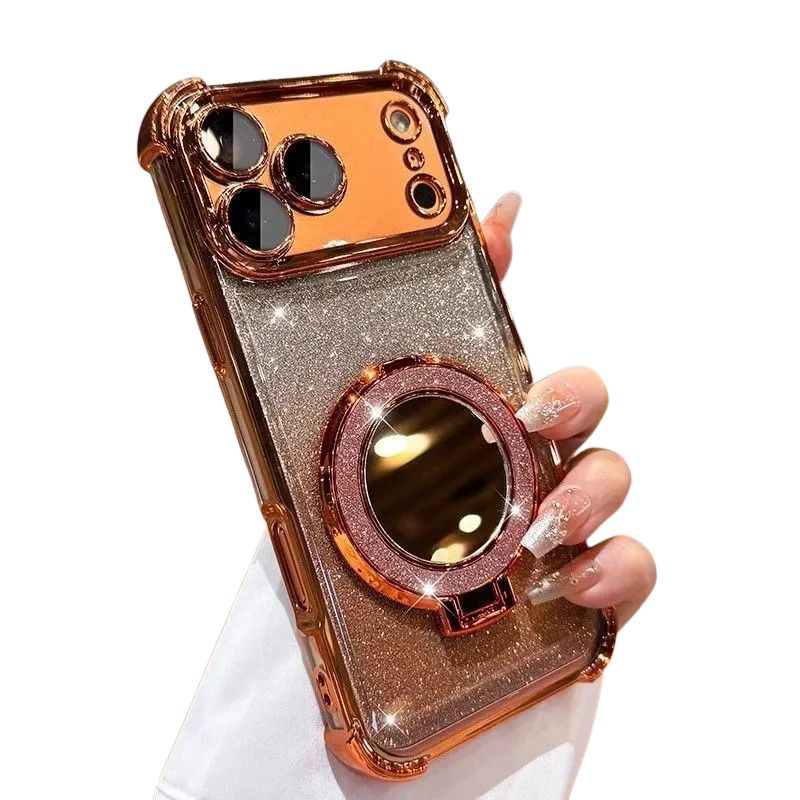 Luxury iPhone Case — Glitter Mirror Magnetic Bracket Cover with Shockproof Silicone Design, Anti-Scratch Dustproof Finish & Non-Slip Grip