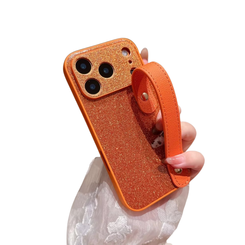 Luxury iPhone Case — Glitter PU Leather Cover with Wrist Strap Holder, Shockproof Lens Protection and Water-Resistant Non-Slip Design
