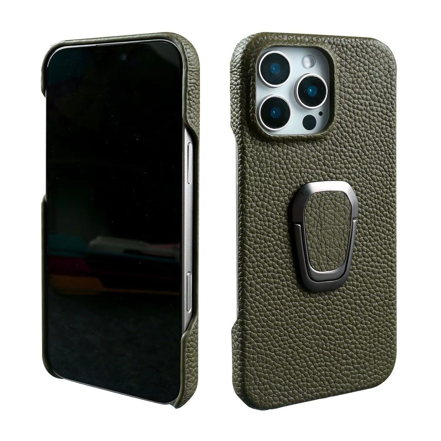 Luxury iPhone Case — Handmade Genuine Leather Cover with Ring Holder, Shockproof PC Shell, Anti-Fingerprint Anti-Scratch Protection & Slim Non-Slip Design