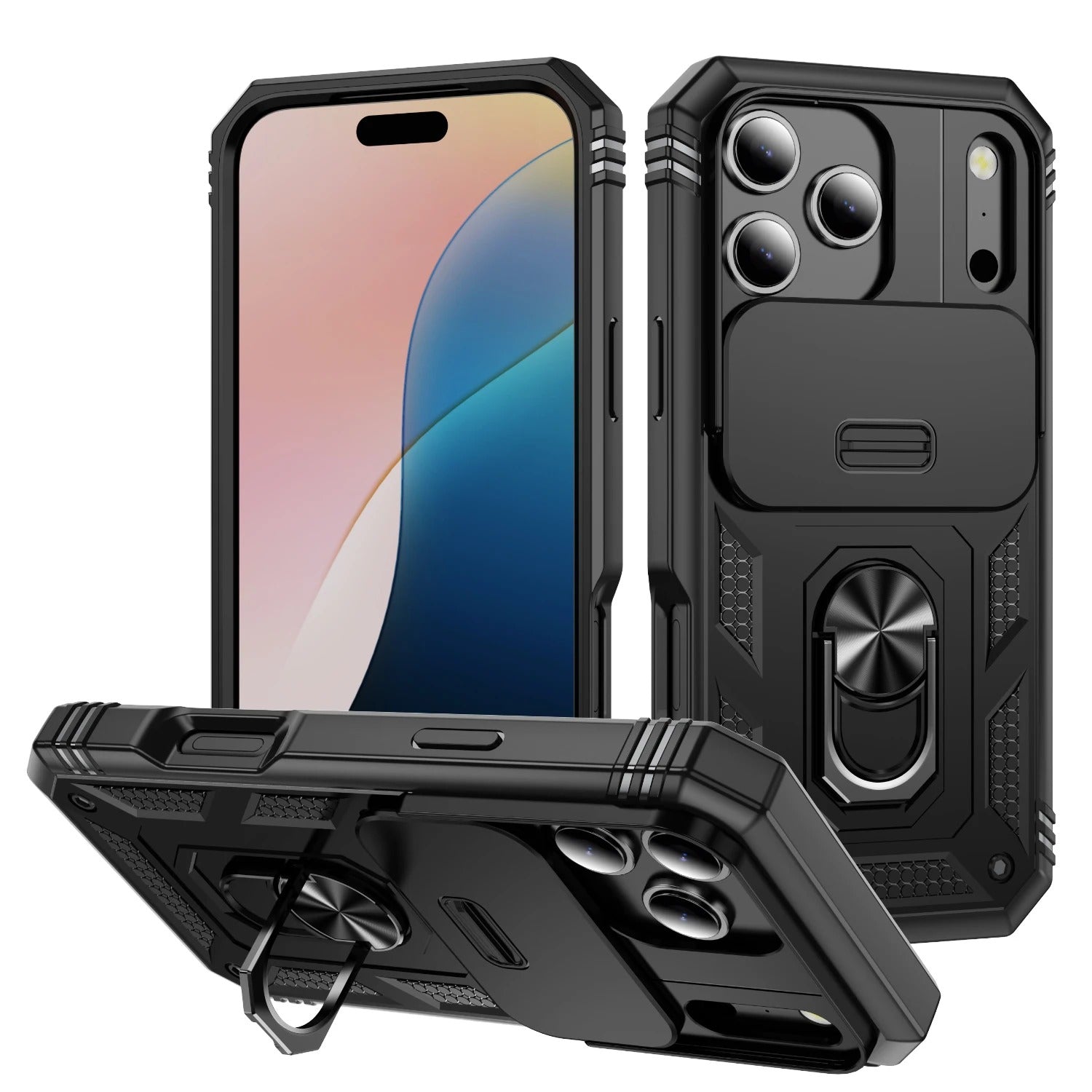 Luxury iPhone Case — Heavy-Duty Slide Camera Protective Cover with Built-In 360° Rotating Kickstand & Shockproof Design