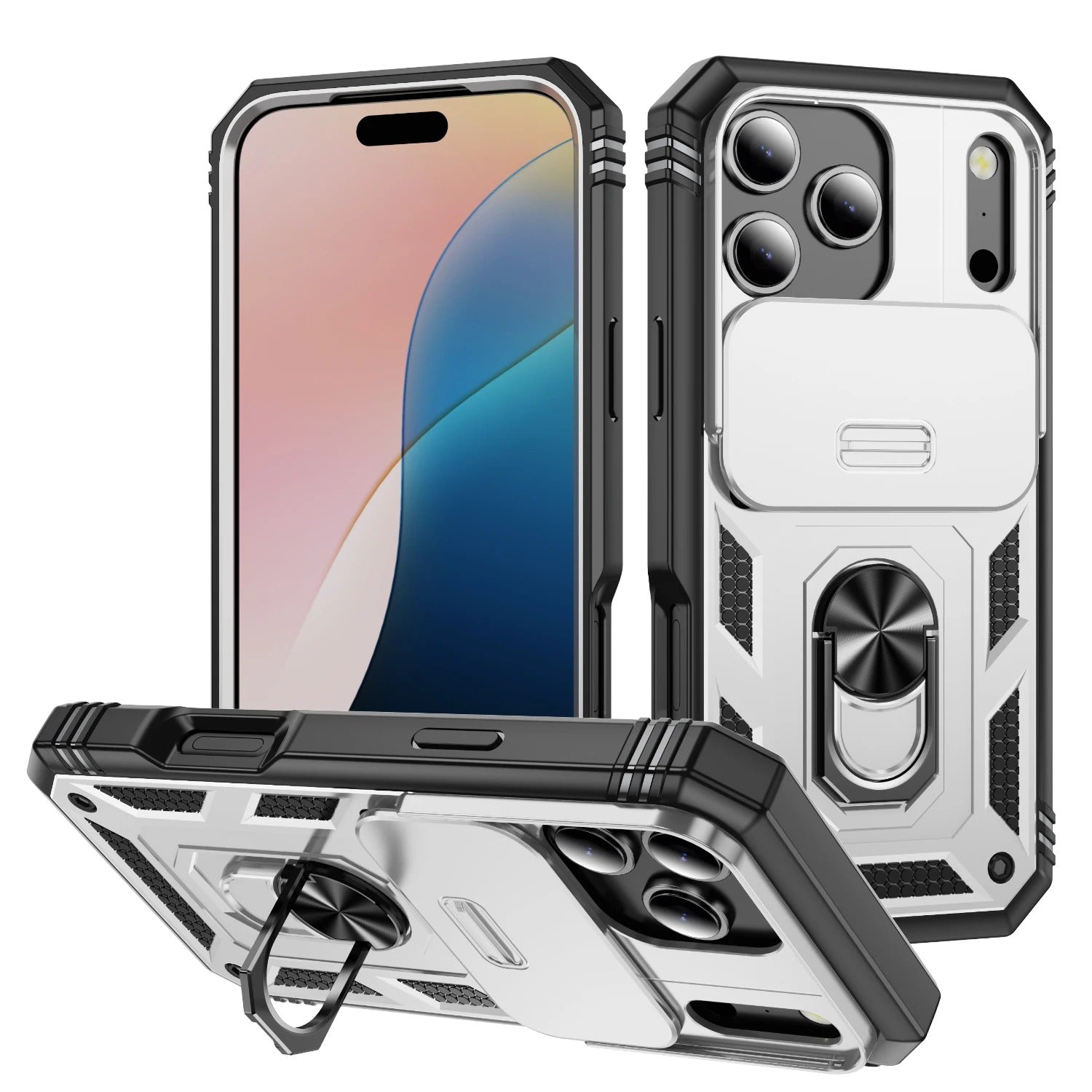 Luxury iPhone Case — Heavy-Duty Slide Camera Protective Cover with Built-In 360° Rotating Kickstand & Shockproof Design