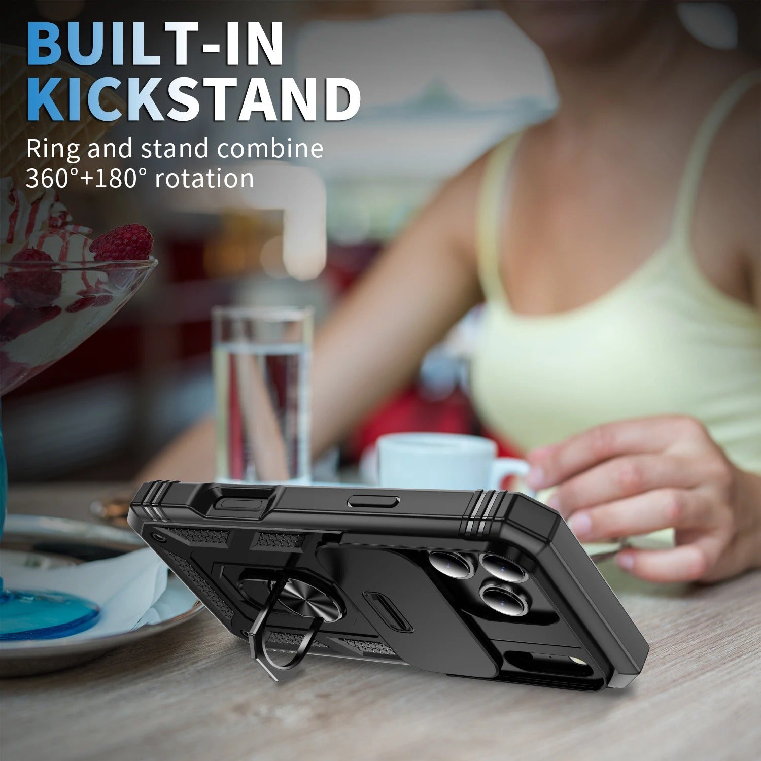 Luxury iPhone Case — Heavy-Duty Slide Camera Protective Cover with Built-In 360° Rotating Kickstand & Shockproof Design