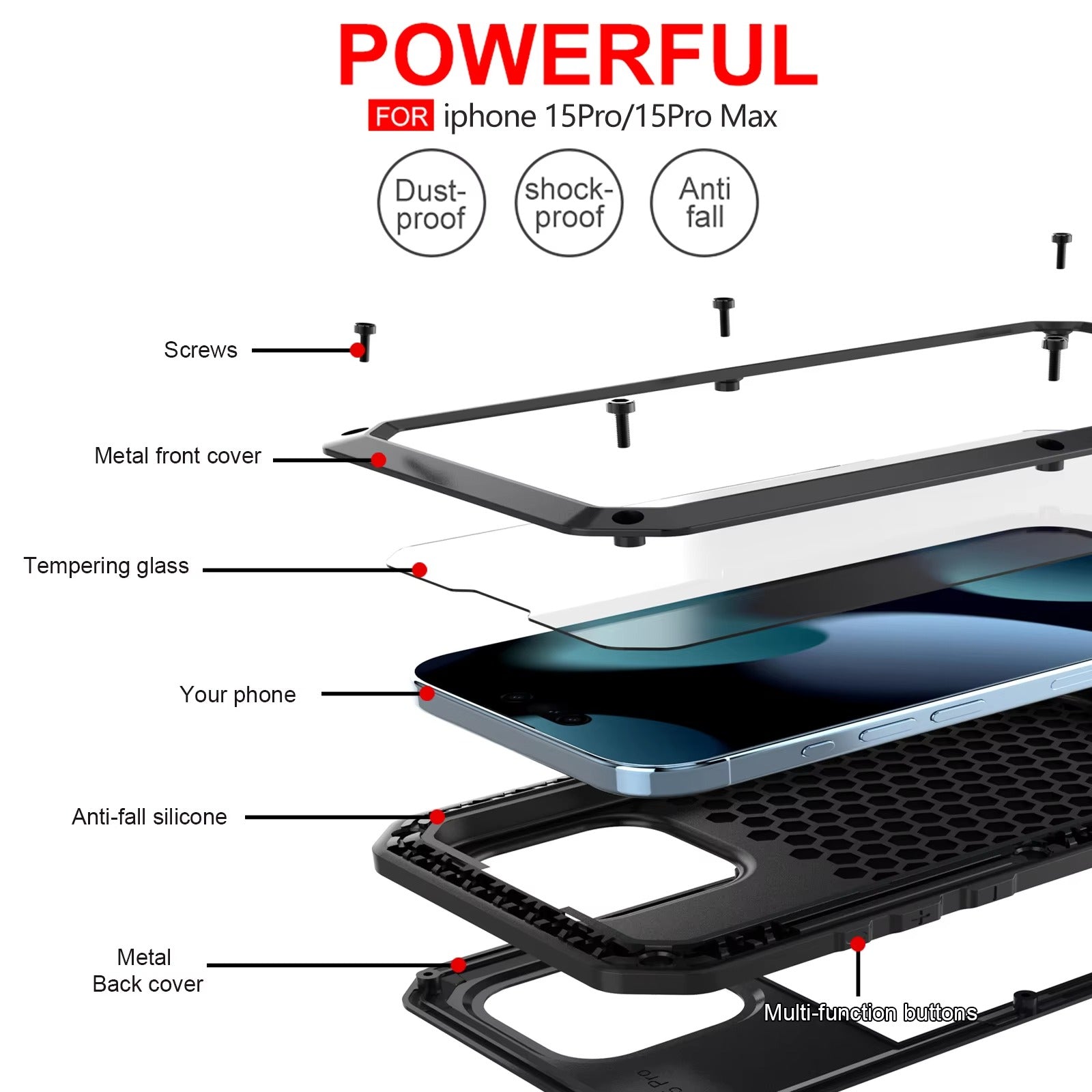 Luxury iPhone Case — Heavy Armor Aluminum Alloy Rugged Half-Wrapped Protective Cover with Shockproof Design & Gorilla Screen Protection