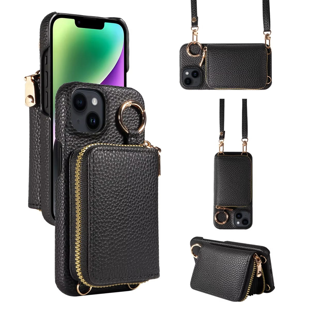 Luxury iPhone Case — High-Quality Faux Leather Crossbody Wallet with Card Slots, Ring Holder, Shockproof Anti-Scratch Full-Protection Design