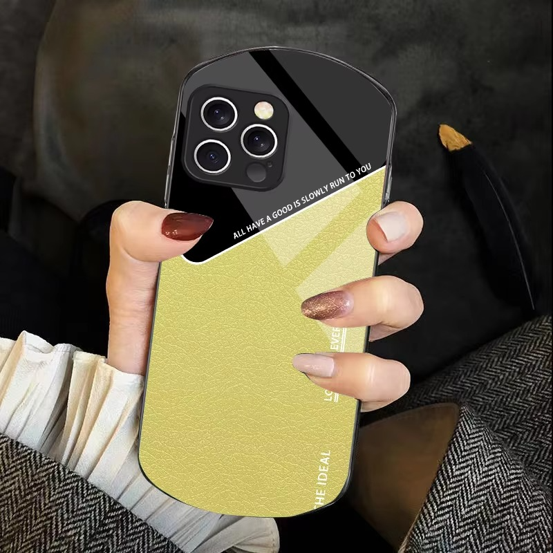 Luxury iPhone Case — Leather Grid Element Tempered-Glass Cover with PC+TPU Build, Full Screen & Lens Protection, Waterproof Anti-Fingerprint Design & Ultra-Thin Style