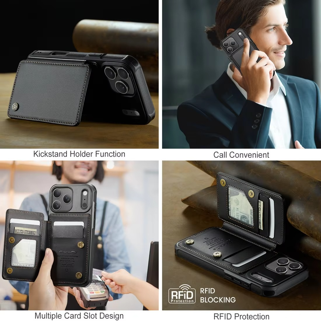 Luxury iPhone Case — Leather RFID Card Wallet with Magnetic Shockproof Cover, Anti-Fingerprint Anti-Scratch, Non-Slip Plain and Geometric Design