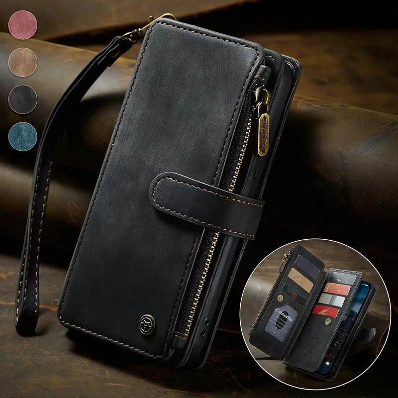 Luxury iPhone Case — Leather Wallet Cover with Magnetic Kickstand, Dual-Layer Shockproof Half-Wrapped Case
