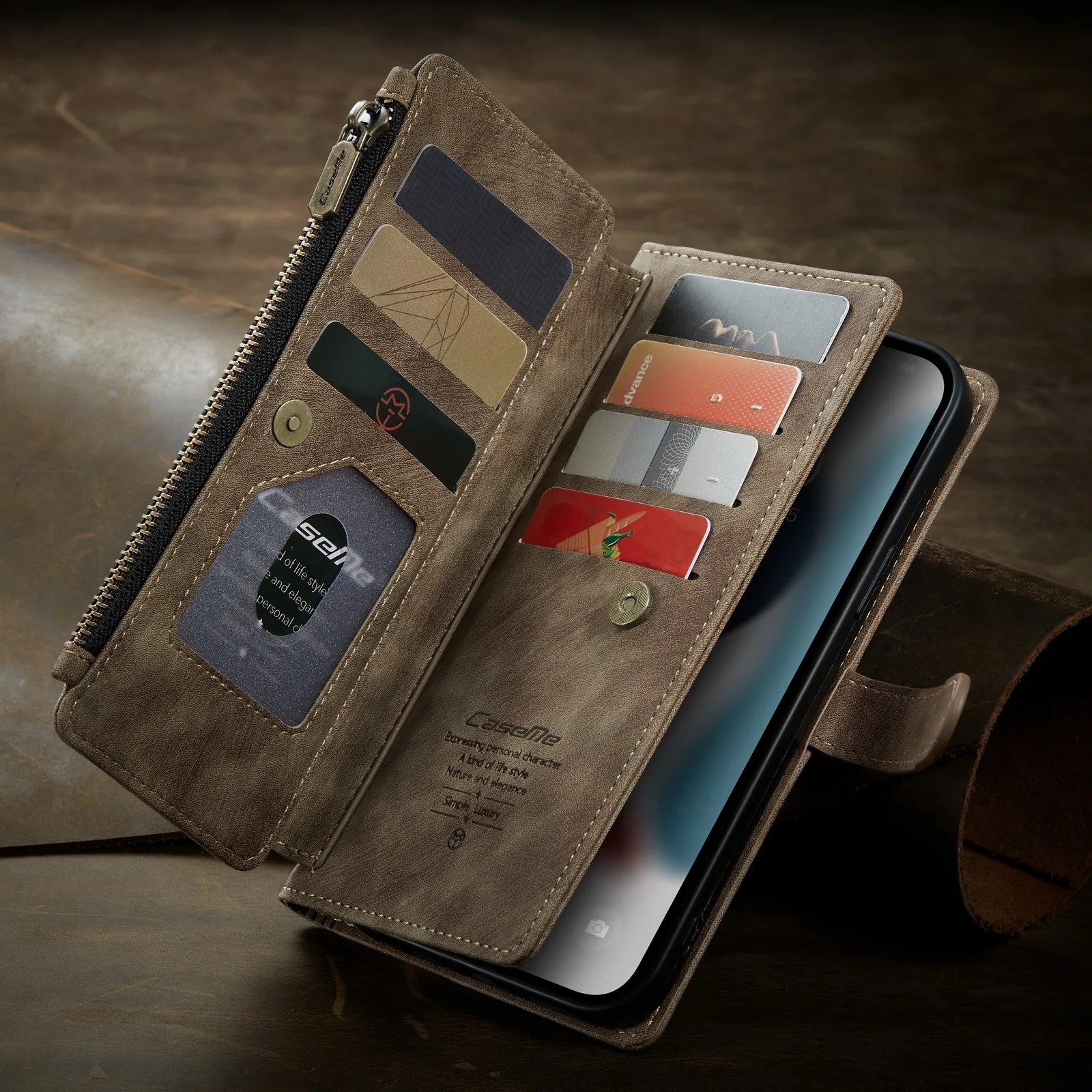Luxury iPhone Case — Leather Wallet Cover with Magnetic Kickstand, Dual-Layer Shockproof Half-Wrapped Case