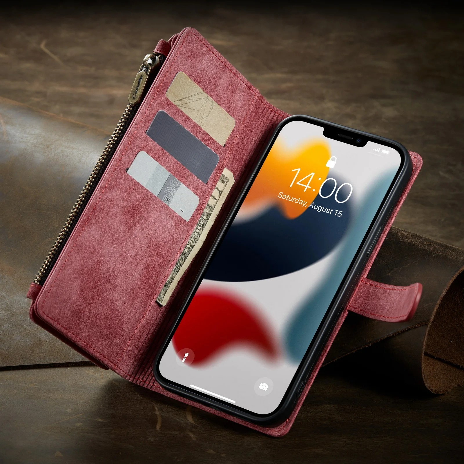 Luxury iPhone Case — Leather Wallet Cover with Magnetic Kickstand, Dual-Layer Shockproof Half-Wrapped Case