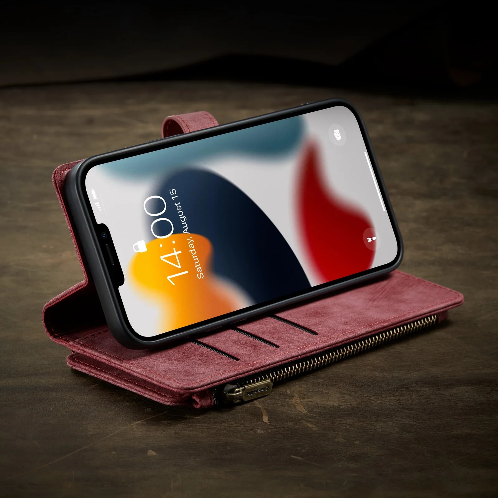 Luxury iPhone Case — Leather Wallet Cover with Magnetic Kickstand, Dual-Layer Shockproof Half-Wrapped Case