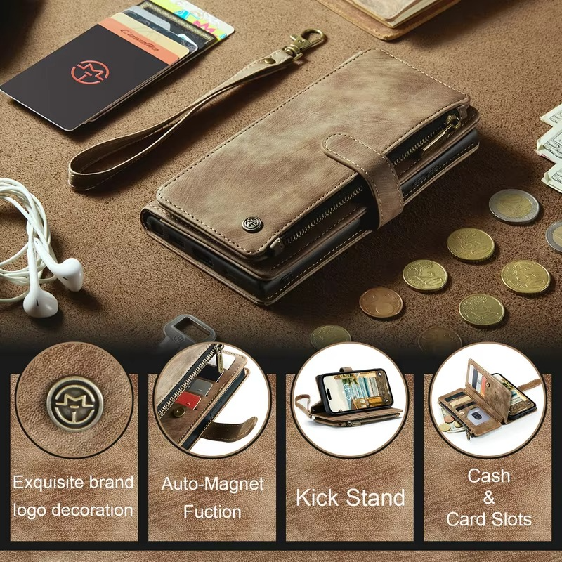 Luxury iPhone Case — Leather Wallet Cover with Magnetic Kickstand, Dual-Layer Shockproof Half-Wrapped Case