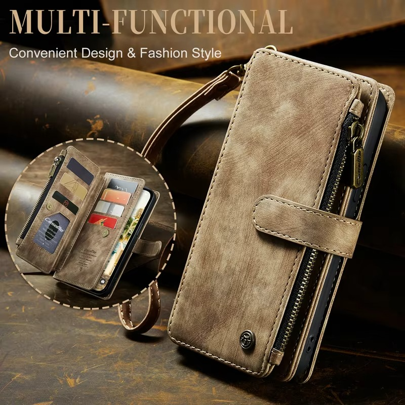 Luxury iPhone Case — Leather Wallet Cover with Magnetic Kickstand, Dual-Layer Shockproof Half-Wrapped Case