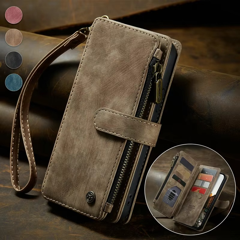 Luxury iPhone Case — Leather Wallet Cover with Magnetic Kickstand, Dual-Layer Shockproof Half-Wrapped Case