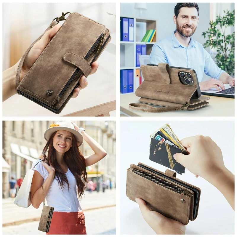 Luxury iPhone Case — Leather Wallet Cover with Magnetic Kickstand, Dual-Layer Shockproof Half-Wrapped Case