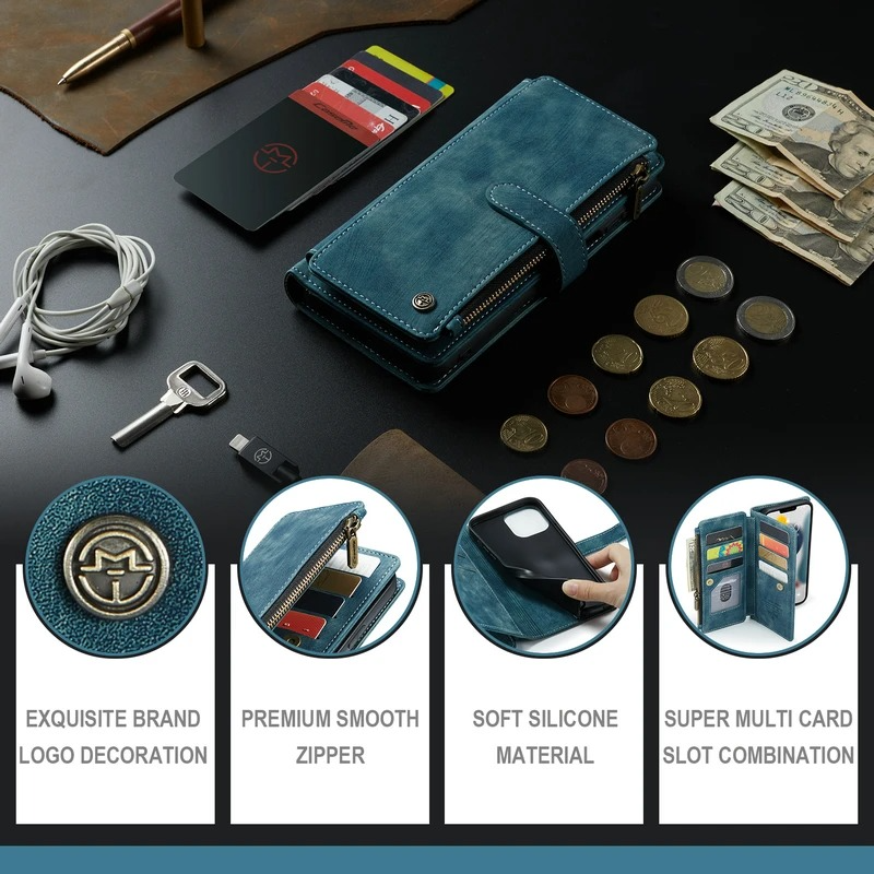 Luxury iPhone Case — Leather Wallet Cover with Magnetic Kickstand, Dual-Layer Shockproof Half-Wrapped Case