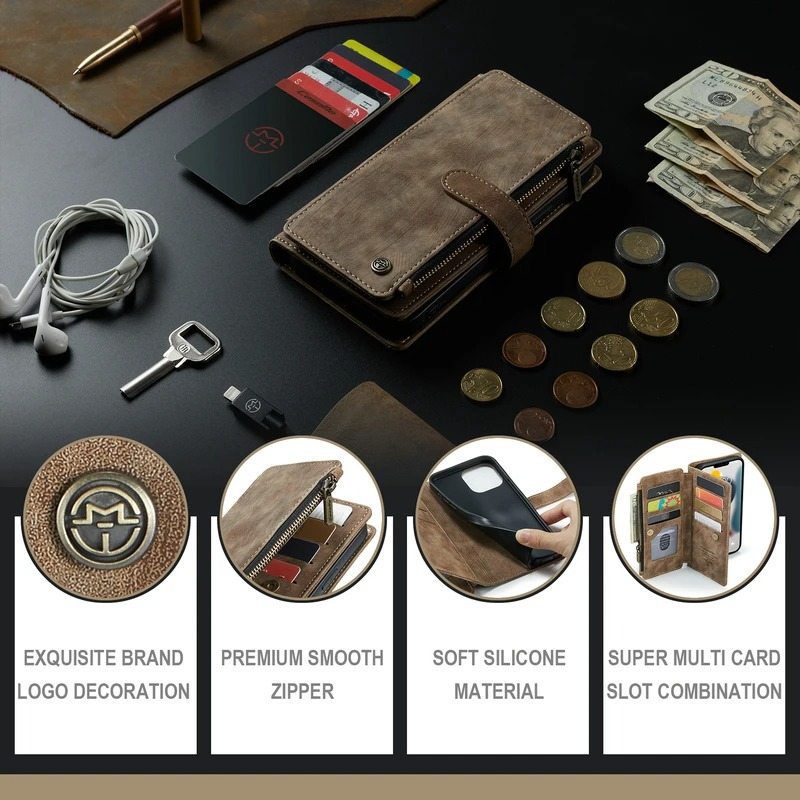 Luxury iPhone Case — Leather Wallet Cover with Magnetic Kickstand, Dual-Layer Shockproof Half-Wrapped Case