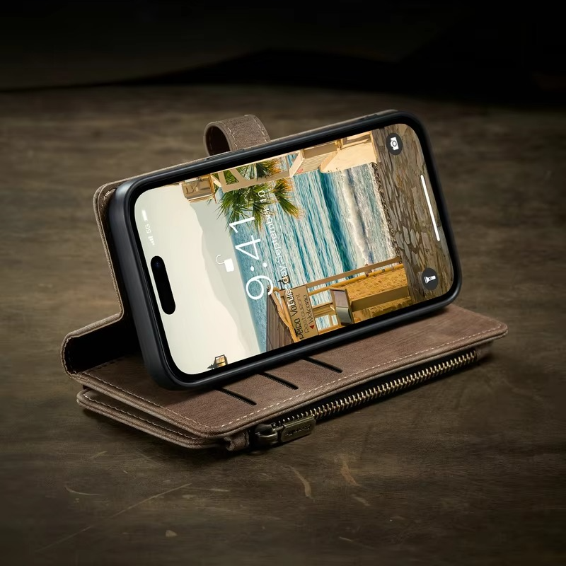 Luxury iPhone Case — Leather Wallet Cover with Magnetic Kickstand, Dual-Layer Shockproof Half-Wrapped Case