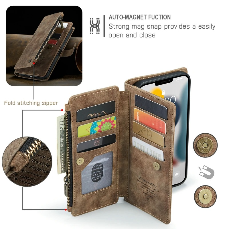 Luxury iPhone Case — Leather Wallet Cover with Magnetic Kickstand, Dual-Layer Shockproof Half-Wrapped Case