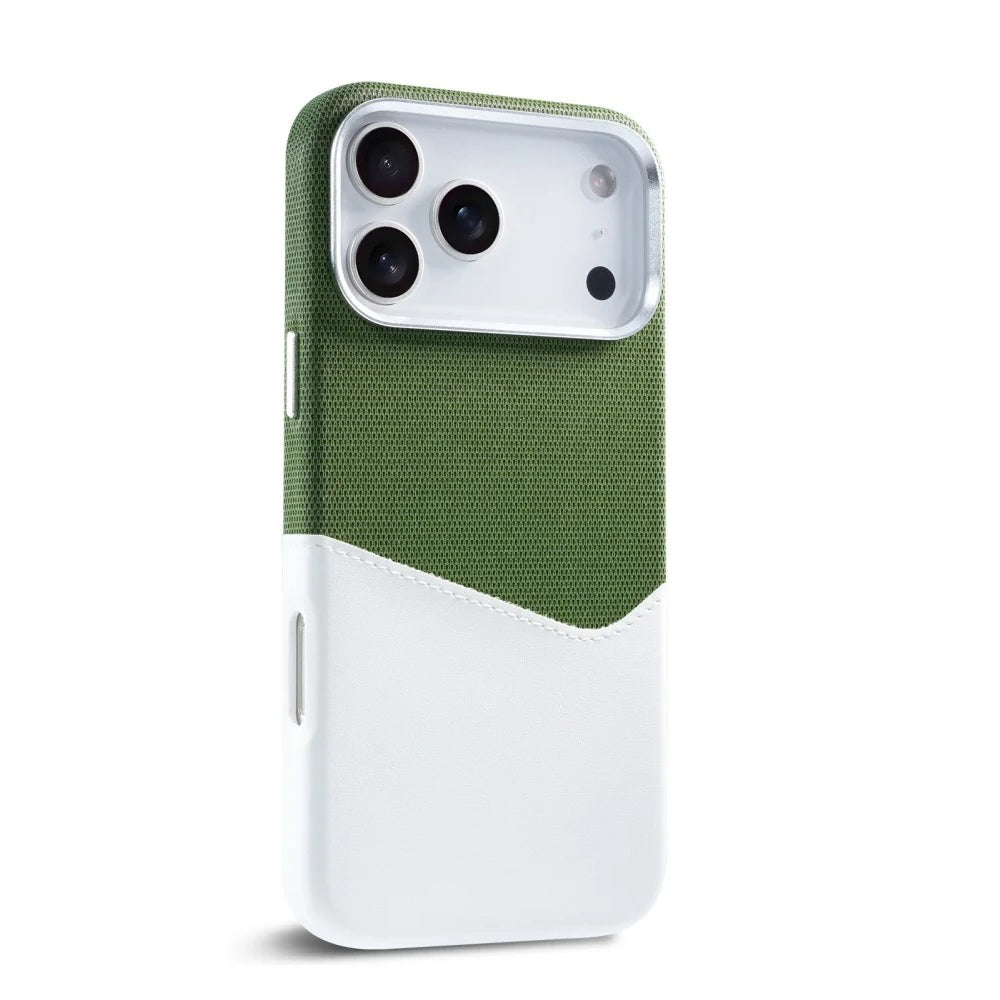 Luxury iPhone Case — Leather & Fabric Splicing Magnetic Cover with Card Slot, Camera-Safe Design and Slim Shockproof Protection