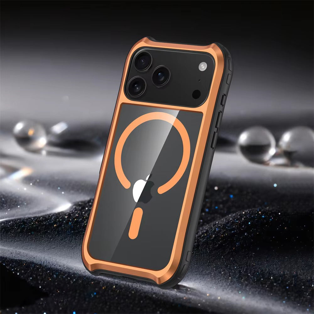 Luxury iPhone Case — Magnetic Aluminum-Frame Transparent Cover with Shockproof Hard PC Back and MagSafe Wireless-Charging Safe Design