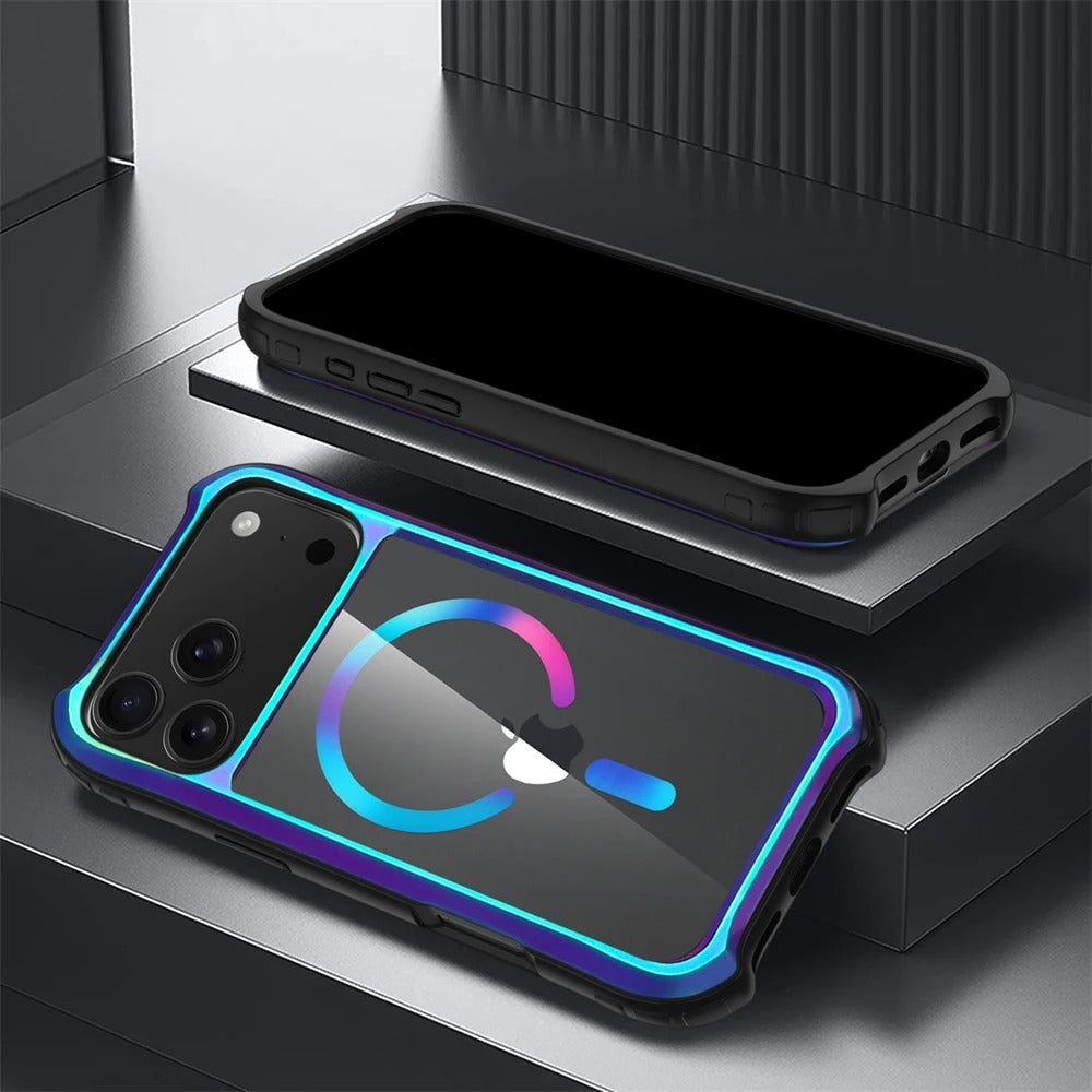 Luxury iPhone Case — Magnetic Aluminum-Frame Transparent Cover with Shockproof Hard PC Back and MagSafe Wireless-Charging Safe Design