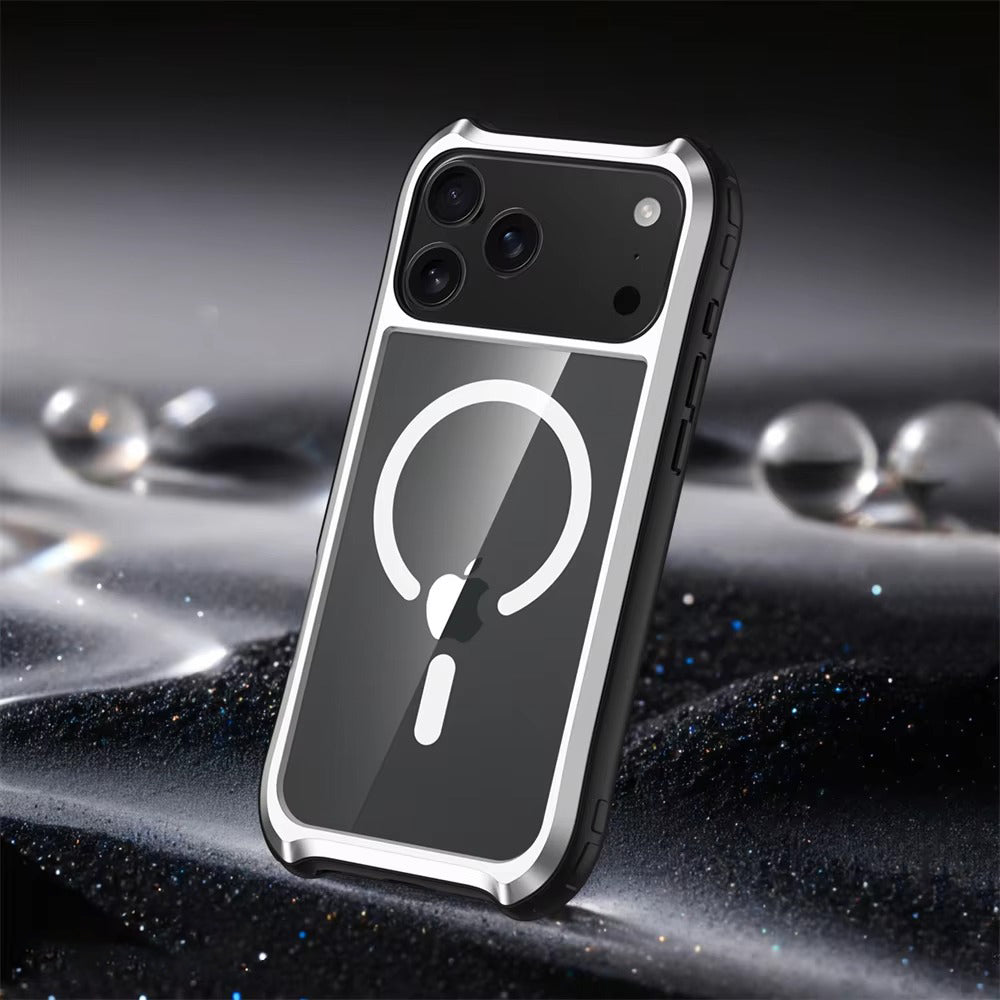 Luxury iPhone Case — Magnetic Aluminum-Frame Transparent Cover with Shockproof Hard PC Back and MagSafe Wireless-Charging Safe Design