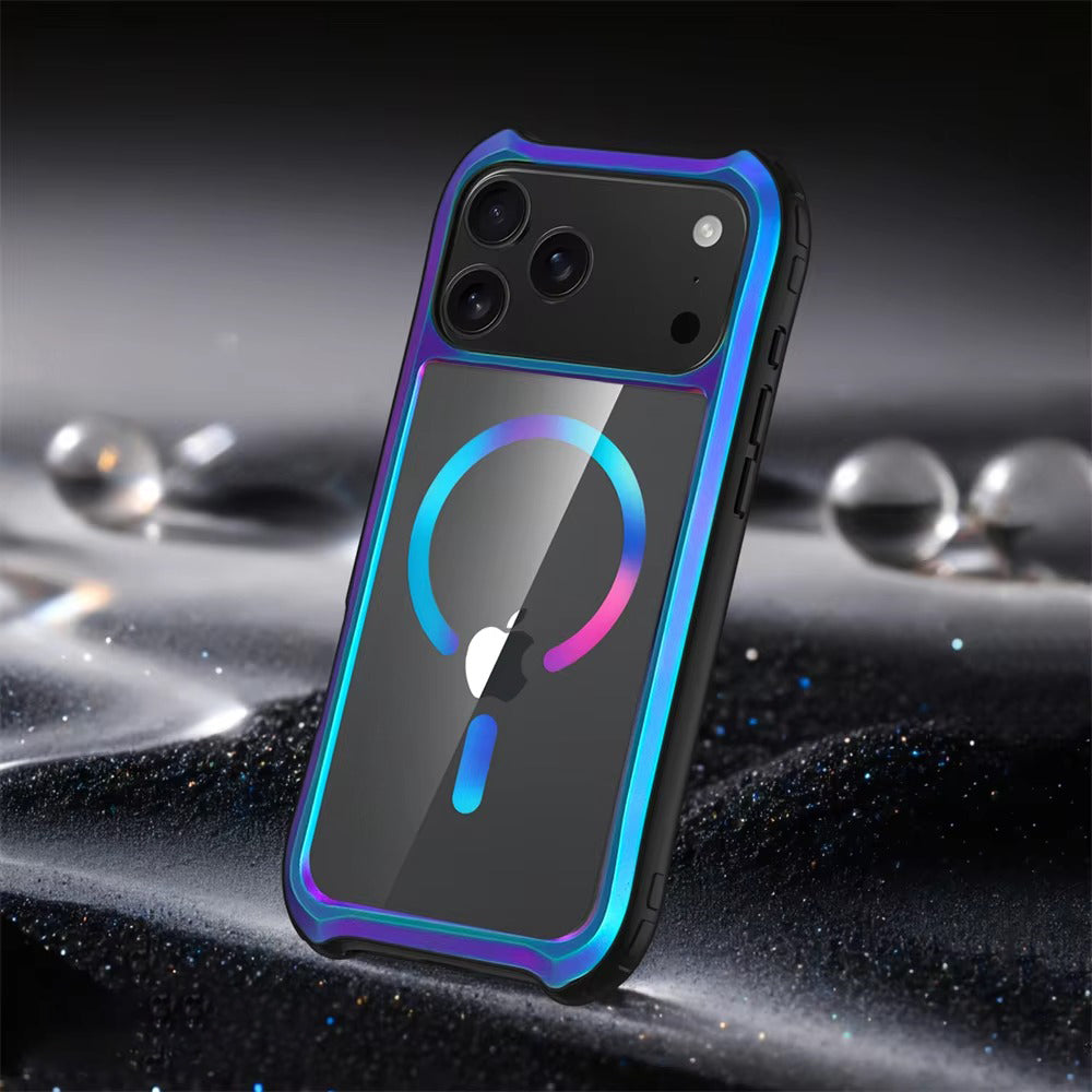 Luxury iPhone Case — Magnetic Aluminum-Frame Transparent Cover with Shockproof Hard PC Back and MagSafe Wireless-Charging Safe Design
