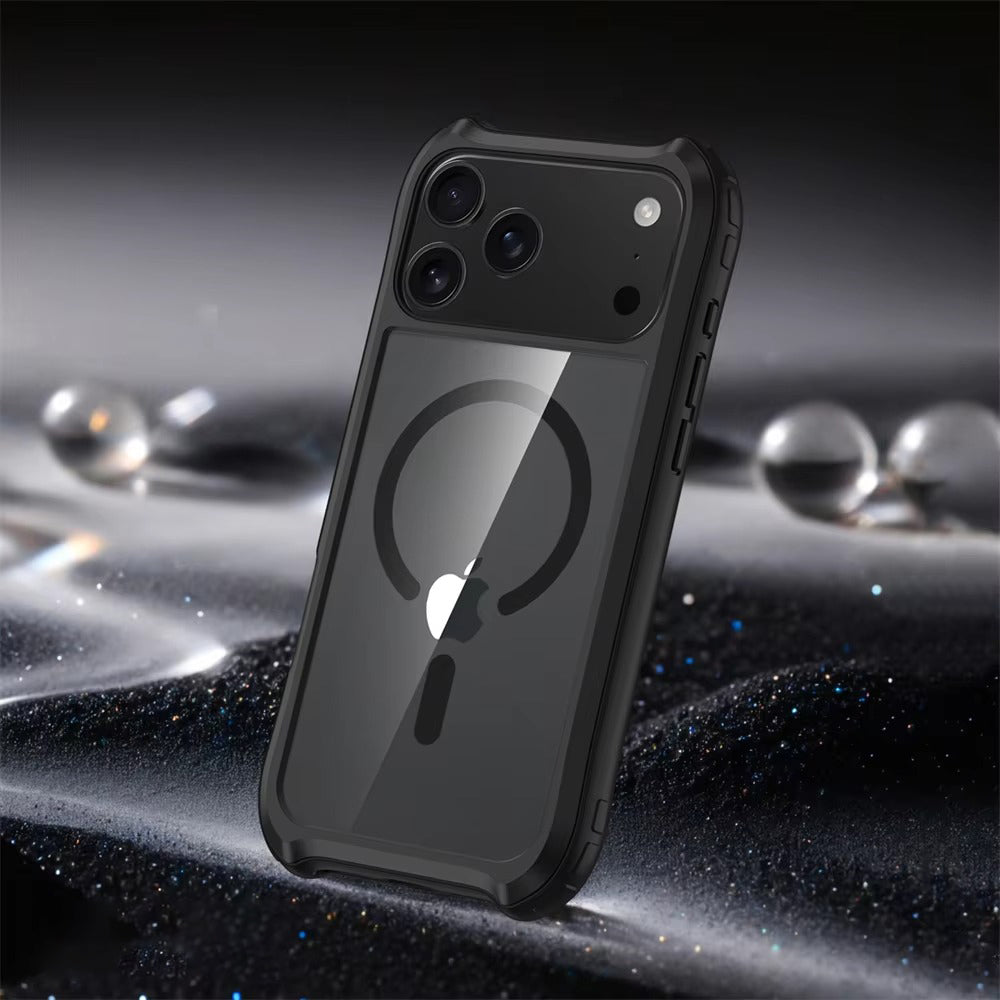 Luxury iPhone Case — Magnetic Aluminum-Frame Transparent Cover with Shockproof Hard PC Back and MagSafe Wireless-Charging Safe Design
