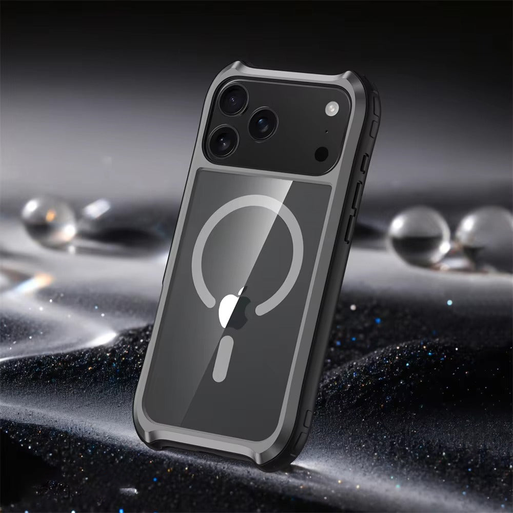 Luxury iPhone Case — Magnetic Aluminum-Frame Transparent Cover with Shockproof Hard PC Back and MagSafe Wireless-Charging Safe Design