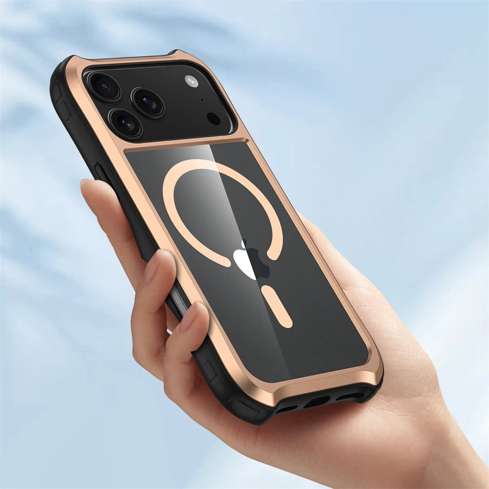 Luxury iPhone Case — Magnetic Aluminum-Frame Transparent Cover with Shockproof Hard PC Back and MagSafe Wireless-Charging Safe Design