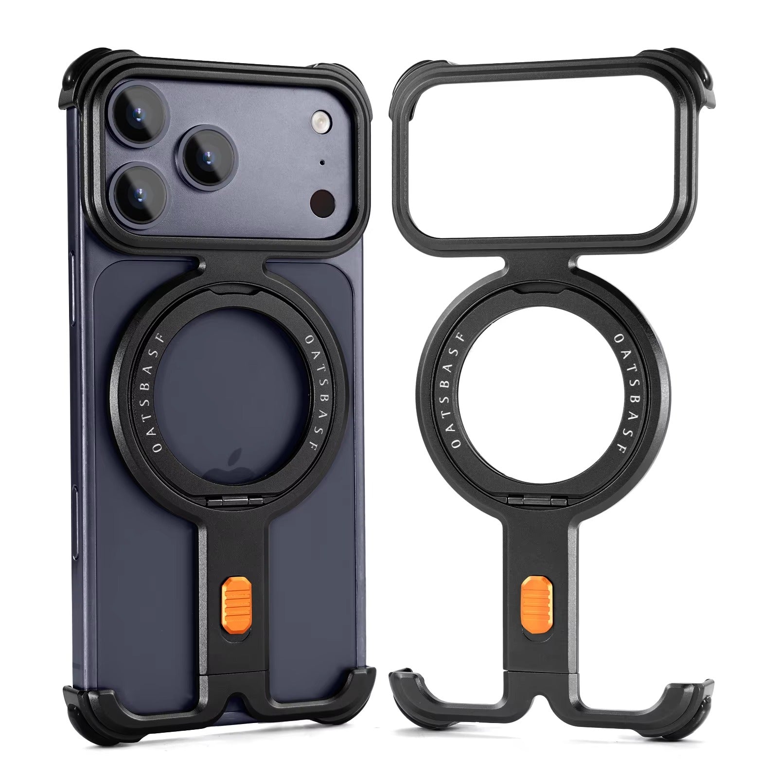 Luxury iPhone Case — Magnetic Aluminum Alloy Half-Wrapped Cover with 360° Rotating Ring Kickstand, MagSafe Wireless Charging & Shockproof Protection