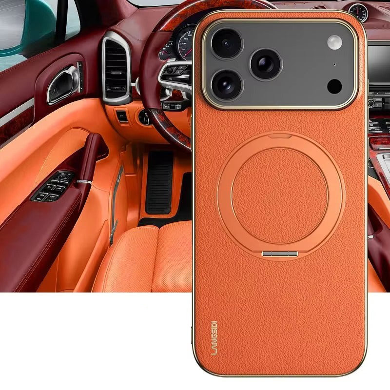 Luxury iPhone Case — Magnetic Cowhide Leather Cover with 360° Rotating Ring Holder, Full Lens Protection and Shockproof PC+TPU Design