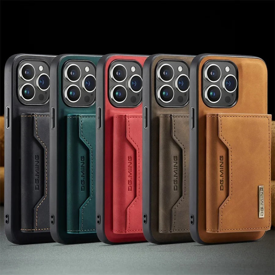 Luxury iPhone Case — Magnetic Leather Wallet Cover with Kickstand, Card & Money Holder, Half-Wrapped Protective Design