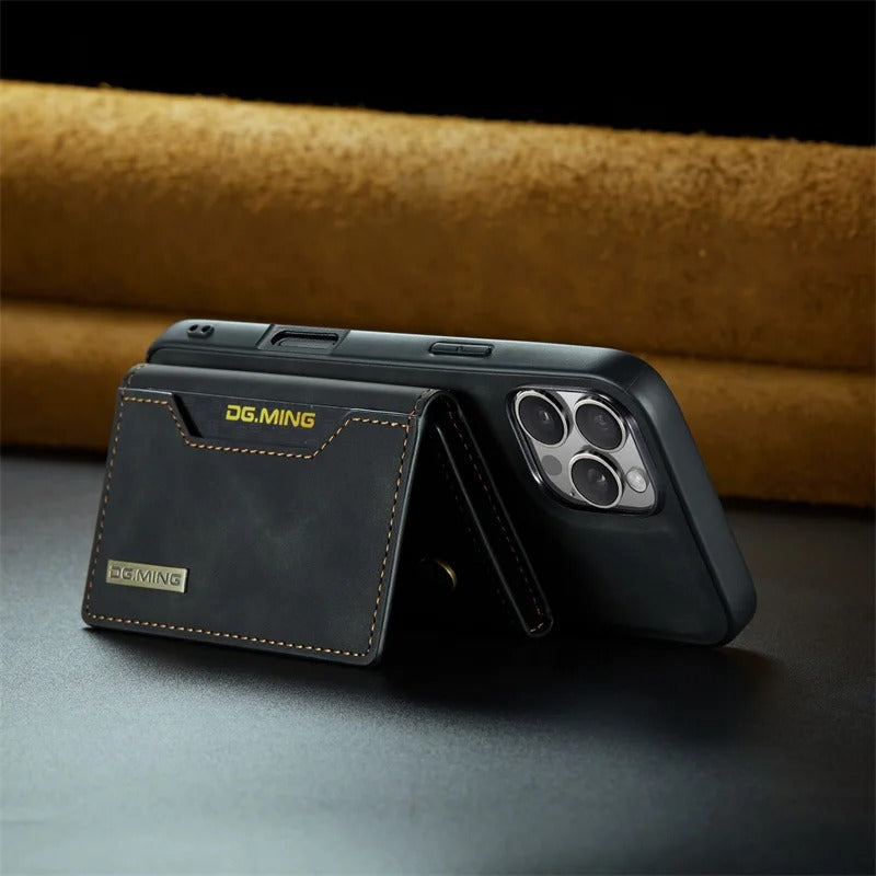 Luxury iPhone Case — Magnetic Leather Wallet Cover with Kickstand, Card & Money Holder, Half-Wrapped Protective Design